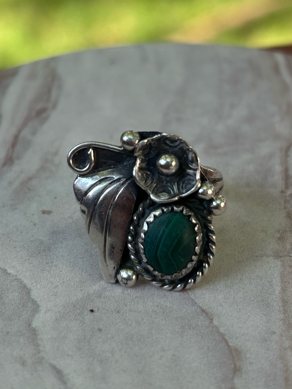 Vintage Sterling Silver Malachite Ring Size 6.5 Southwest Floral Leaf Fine 5g - Picture 10 of 10